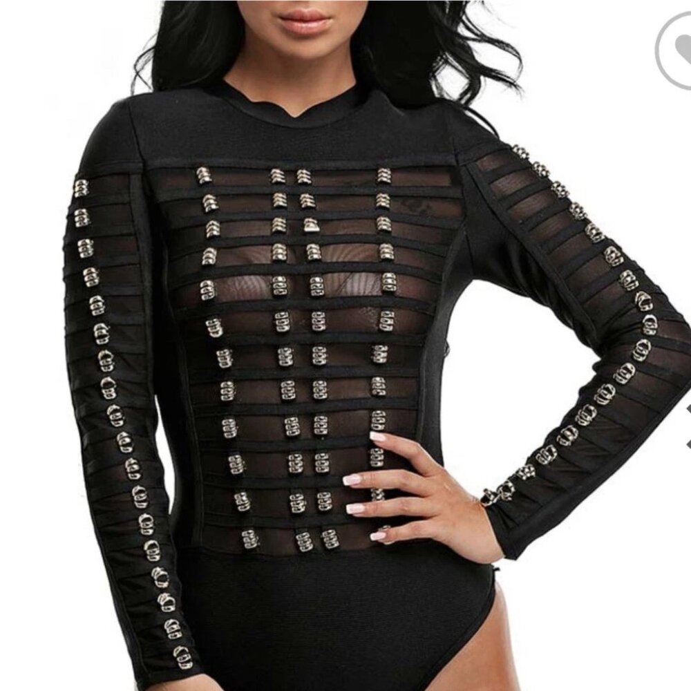 Share Banjul Gold Accents Mesh Long Sleeve Bodycon Bodysuit Size L